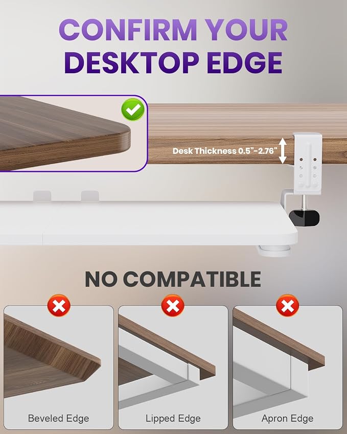 Ergonomic Keyboard Tray Under Desk, Pull Out with Adjustable C-clamp, 25.6 (31.5 Including Clamps) x 11.8 Inch Slide Out Computer Keyboard Drawer Mouse Tray for Typing, Large & White