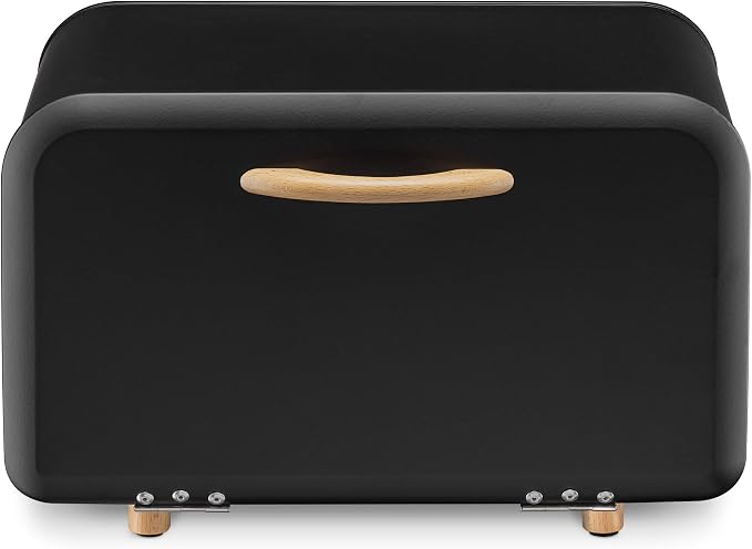 Navaris Bread Box - Metal Bread Bin Storage Tin with Front Opening Drop Down Door for Kitchen Counter or Shelf - Breadbox Storage Container - Black