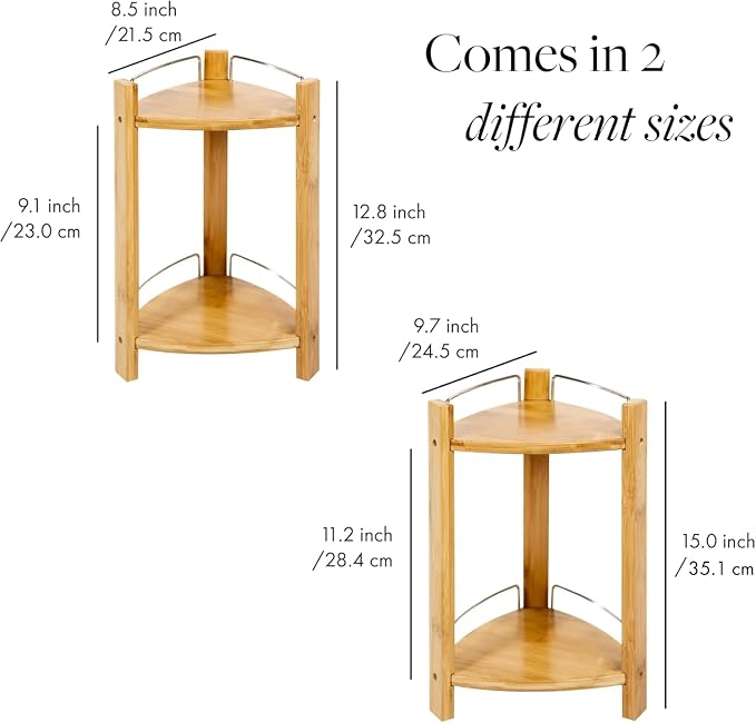 GOBAM Bamboo Shower Corner Caddy, Large - 2 Tier Standing Shower Stand for Shampoo, Conditioner, Lotion, Soap - Caddy Organizer for Kitchen, Bedroom, or Office