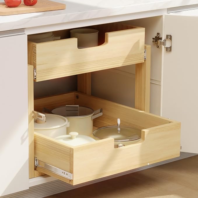 Pull Out Cabinet Organizer, 14''W×21''D Sliding Drawers for Cabinets, 2 Tier Soft Close Slide Out Wooden Pull out Drawers, Base Cabinet Organization for Kitchen, Pantry, Bathroom