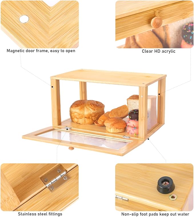 ETMI Bamboo Bread Box for Kitchen Countertop Pastry Display case kitchen Storage (bamboo clear)