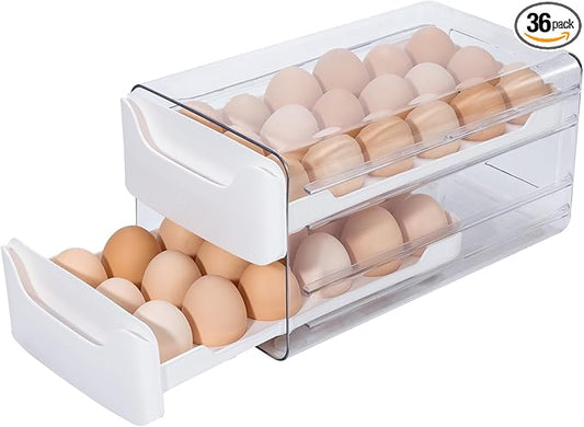 Egg Storage for Refrigerator, Egg Holder for Kitchen Countertop, PET & PP Egg Container for Fridge, Egg Dispenser for 36 Eggs, Double Layer, 18 Eggs per Layer (White)