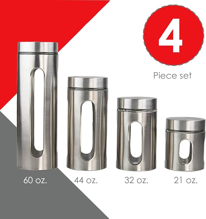 Kitchen Canisters By Home Basics | Retro-Styled For Kitchen Counter | Stainless Steel and Glass | With See-Through Windows (Silver), 4 Pieces, For Flour, Coffee, Sugar, and Dry Ingredients