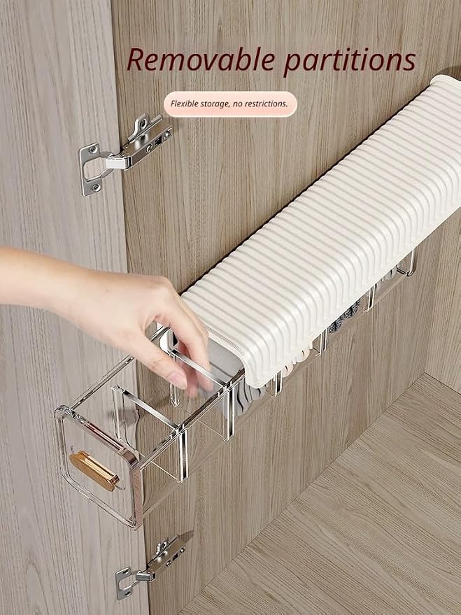 2 PCS No-Drill Wall Mount Underwear Organizer - Clear Drawer with Removable Dividers for Closet, 6-Slot Hanging Storage for Socks, Bras, Panties, Smooth Gliding & Space Saving (Grey/Transparent)