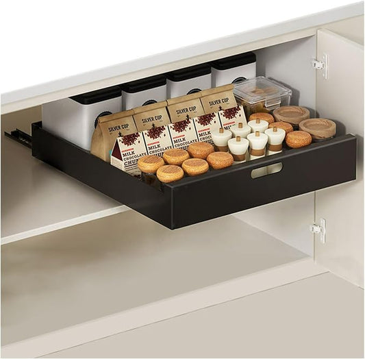 Pull Out Drawers for Cabinets 16.9"Deep, Slide Out Drawers for Kitchen Cabinets Adhesive Pull Out Cabinet Organizer, Cabinet Pull Out Shelves for Kitchen Bathroom and Pantry(Black,15.7"W)