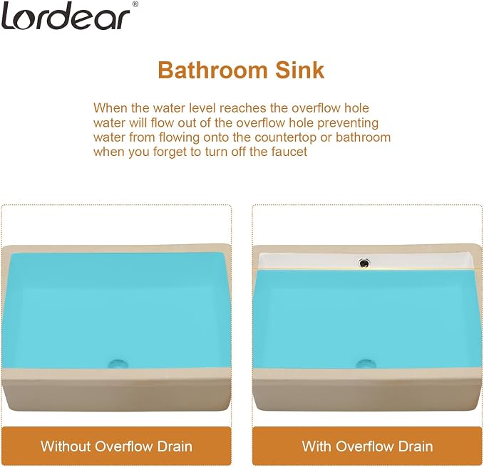 Lordear Undermount Bathroom Sink 22x16 Inch White Porcelain Ceramic Rectangular Bathroom Vanity Sinks Under Counter Sink Basin with Overflow