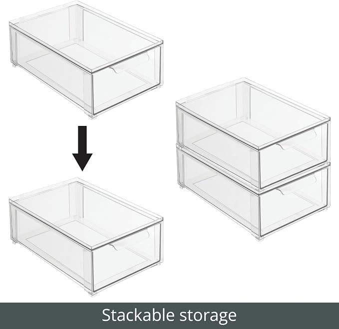 mDesign Plastic Stackable Bathroom Storage Organizer Bin with Pull Out Drawer for Cabinet, Vanity, Shelf, Cupboard, Cabinet, or Closet Organization - Lumiere Collection - 8 Pack - (Clear, 8 x 12 x 4)