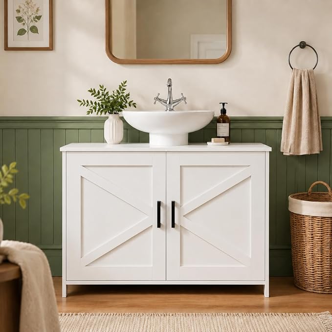 Pedestal Sink Storage Cabinet, Bathroom Organizer for Small Spaces, Freestanding Under Sink Cabinet with Adjustable Shelf and Double Doors, 11.8" D x 31.5" W x 23.6" H, Black