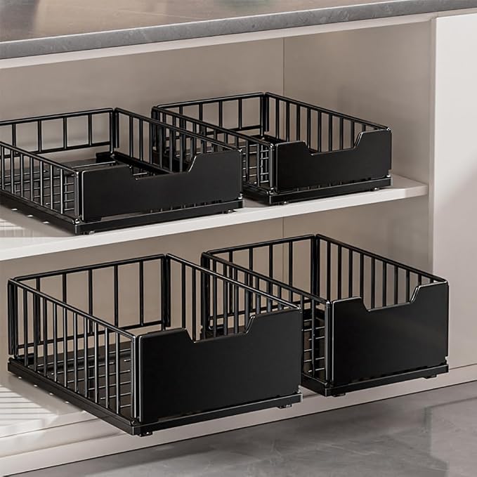 Pull Out Cabinet Organizer, Metal Slide Out Drawers for Kitchen Cabinets, Pantry Pull Out Shelves, Adjustable Drawers for Cupboard with Adhesive Film for Bathroom Black