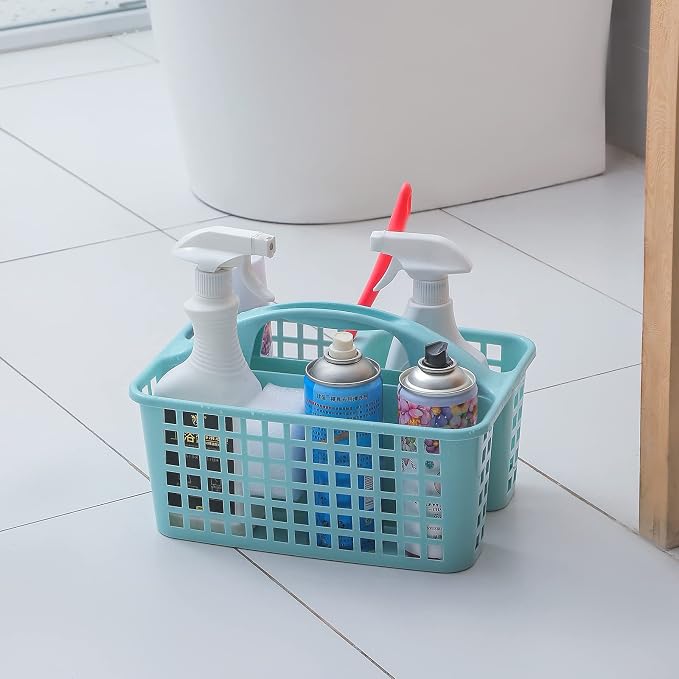 Portable Shower Caddy Basket with Compartments Cleaning Supplies Organizer with Handle Plastic Storage Divided Tool Bin for Bathroom, Bedroom, Kitchen, College Dorm, Garden, Under Sink, Light Blue