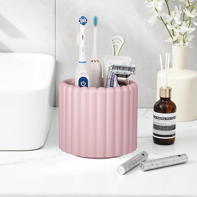 Anyoifax 360 Rotating Makeup Brush Holder 7 Slots Make Up Brush Organizer Removable Spinning Cosmetic Brushes Storage Pen Holder for Vanity, Dresser, Desk, Pink