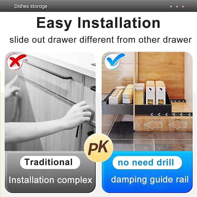 Pull Out Cabinet Adhesive Pull Out Teles Kitchen Drawer 25kg Load Capacity Slide Out Drawer for Kitchen Cupboard Storage,40CM-Black