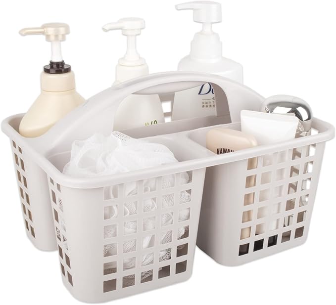 Portable Shower Caddy Basket with Compartments Cleaning Supplies Organizer with Handle Plastic Storage Divided Tool Bin for Bathroom, Bedroom, Kitchen, College Dorm, Garden, Under Sink, Light Grey