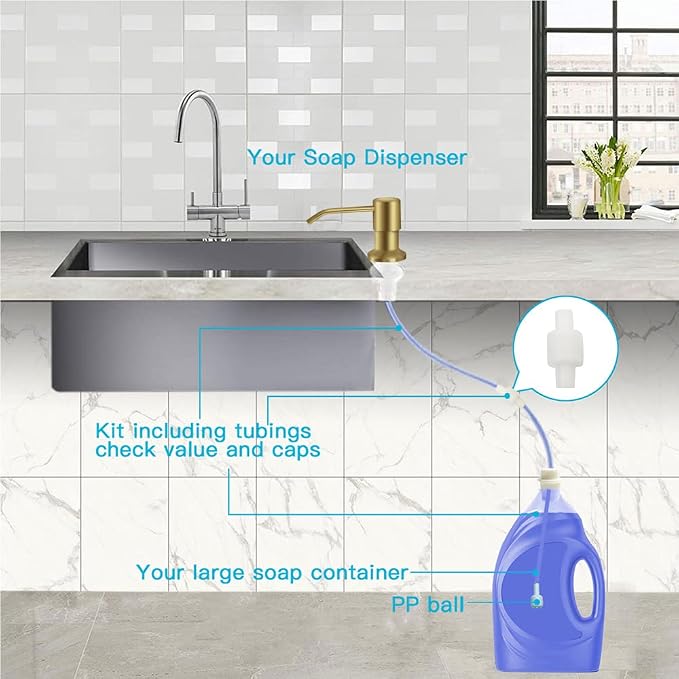 OHiHi Dish Soap Dispenser for Kitchen Sink, Countertop Sink Soap Dispenser Water Pump with 47” No-Spill Extension Tube Kit Design for Kitchen Bathroom, Easy to Press, No More Refills （Golden）
