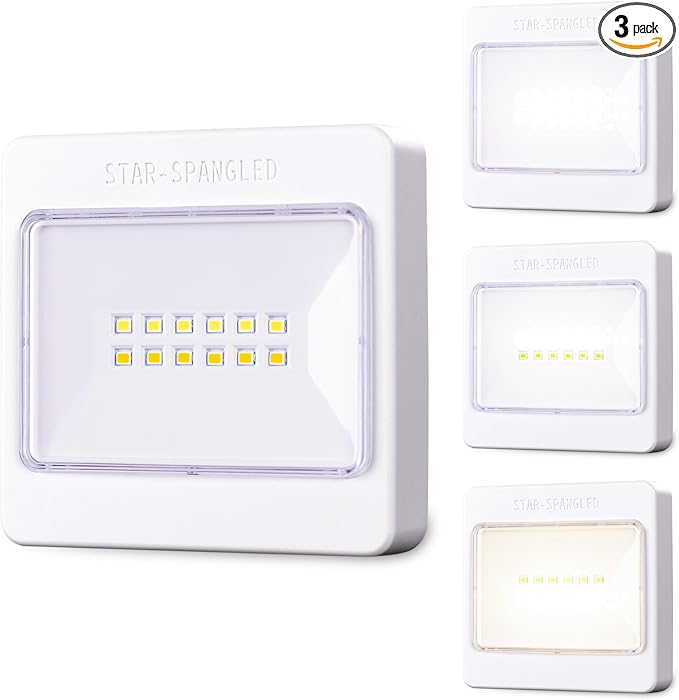 STAR-SPANGLED 3.7" Dimmable Push Tap Lights, 3 Pack | Stick on LED Touch Lights, AA Battery Operated, 3 Color Modes, For Classroom Kitchen Cabinet Closet