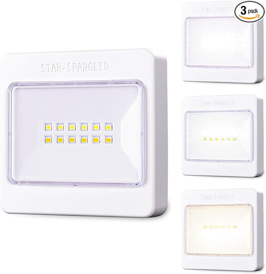 STAR-SPANGLED 3.7" Dimmable Push Tap Lights, 3 Pack | Stick on LED Touch Lights, AA Battery Operated, 3 Color Modes, For Classroom Kitchen Cabinet Closet