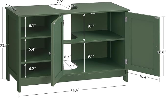 TEENFON 35.4" Pedestal Sink Storage Cabinet with 2 Doors and Adjustable Shelves, Bathroom Sink Cabinet, Under Sink Storage with U-Shape Cut-Out, Green