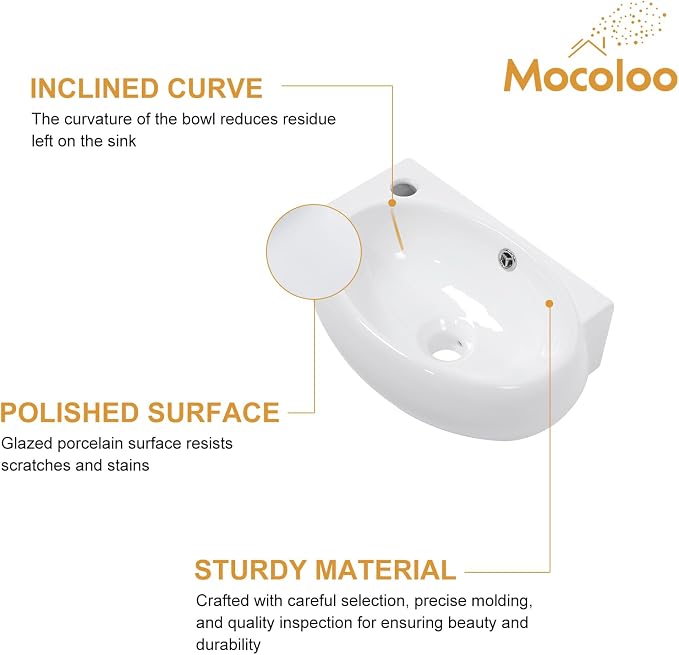 Mocoloo Wall Mounted Bathroom Sink Left Corner Floating Sinks with Faucet Hole 16 Inch White ADA Compliant Ceramic Bathroom Sink Wall Hung Porcelain with Overflow Hole Hand Basin