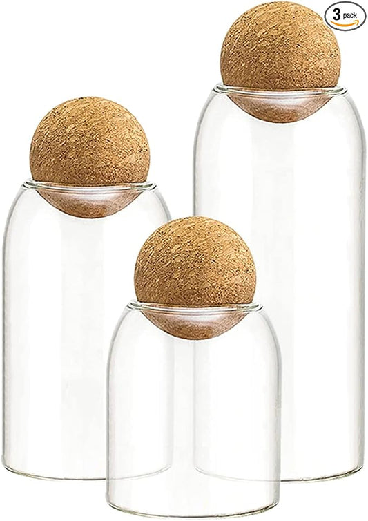 AEFPOYMXU 3 Pcs Glass Jars with Cork Ball Lid Set Kitchen Food Terrarium Airtight Clear Storage Canisters with Wooden Lids for Cookie Candy Coffee Bean Spice Sugar Rice