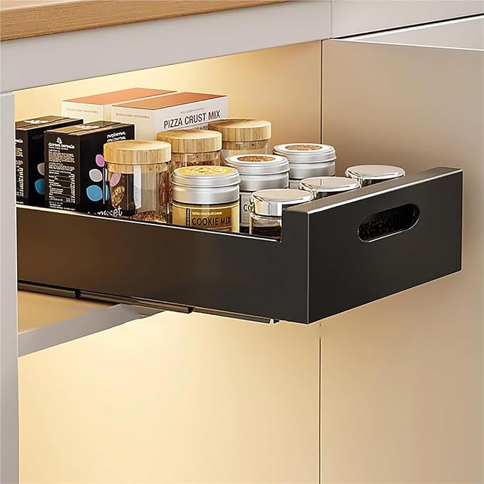 Extendable Pull Out Cabinet No Drill Sliding Drawer Space Saving Storage Solution for Kitchen Bathroom & Pantry，Black 25 * 43 * 7cm