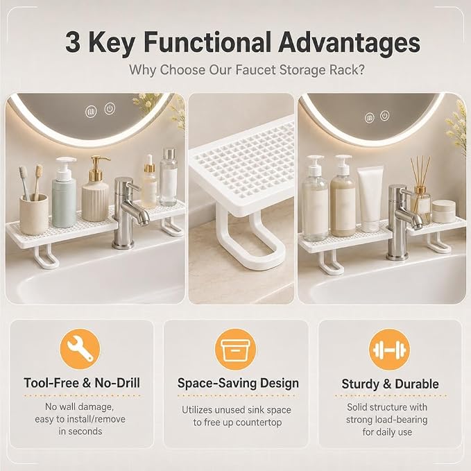 Behind the Faucet Organizer, No-Drill Over the Sink Shelf Bathroom, Multifunctional Steel Storage Rack, Space Saving Sink Organizer Shelf for Kitchen Bathroom Faucet Back Storage Arrangement