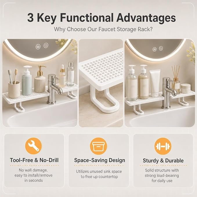Behind the Faucet Organizer, No-Drill Over the Sink Shelf Bathroom, Multifunctional Steel Storage Rack, Space Saving Sink Organizer Shelf for Kitchen Bathroom Faucet Back Storage Arrangement