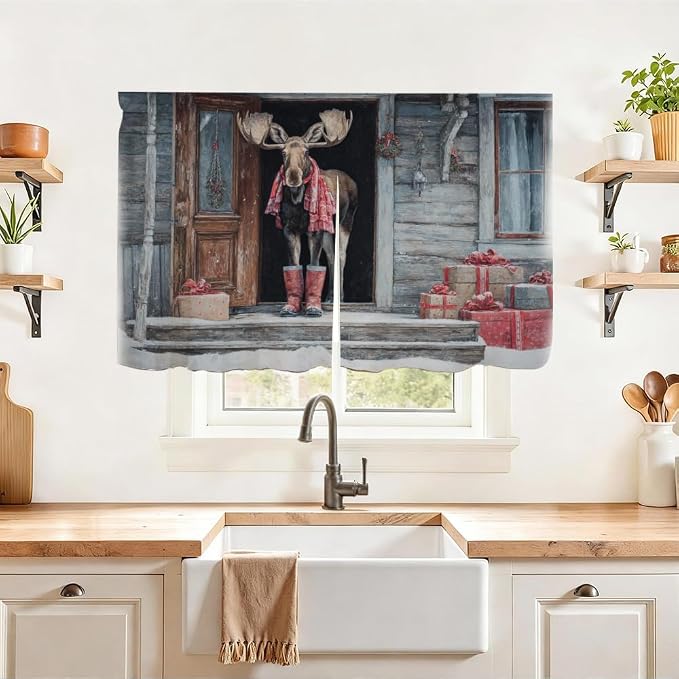 Self Adhesive Vintage Moose & Cabin Cabinet Curtain for Mother's Day, 39x28 Inch Rustic Lodge Under Sink Skirt No Drill, Spring Cleaning Kitchen Decor, Hook and Loop Laundry Valance