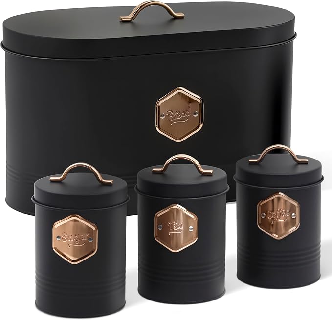 Plexon Bread Box for Kitchen Countertop with 3 Coffee, Tea, Sugar Canisters, Metal 4-Piece Bread Box Set with Lids and Cooper Labels, Black, BBCP4STBK