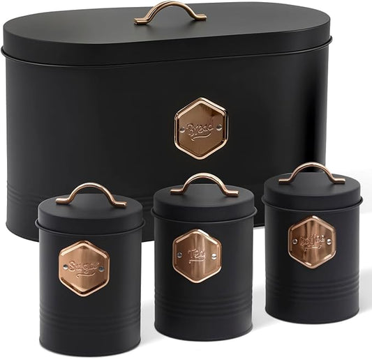 Plexon Bread Box for Kitchen Countertop with 3 Coffee, Tea, Sugar Canisters, Metal 4-Piece Bread Box Set with Lids and Cooper Labels, Black, BBCP4STBK
