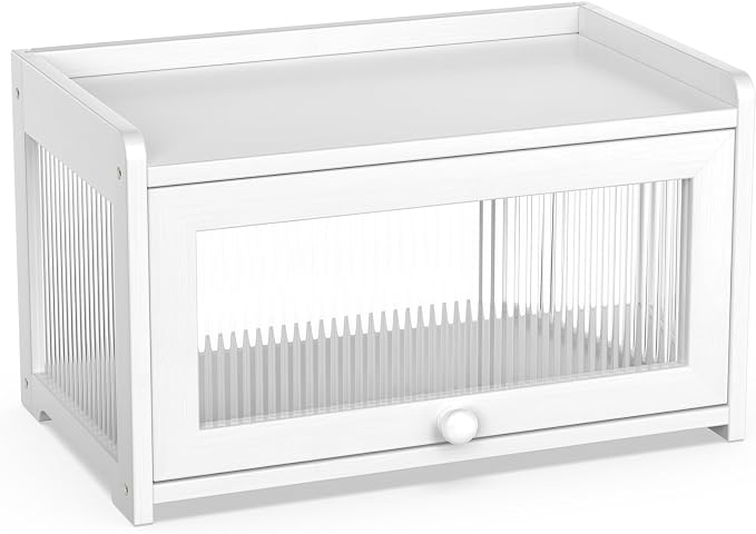 BAMBANG Bamboo Bread Box for Kitchen Countertop, Extra Large Farmhouse Bread Box with 4-Side Clear Panels, Wooden Bread Storage Container for Homemade Bread, White