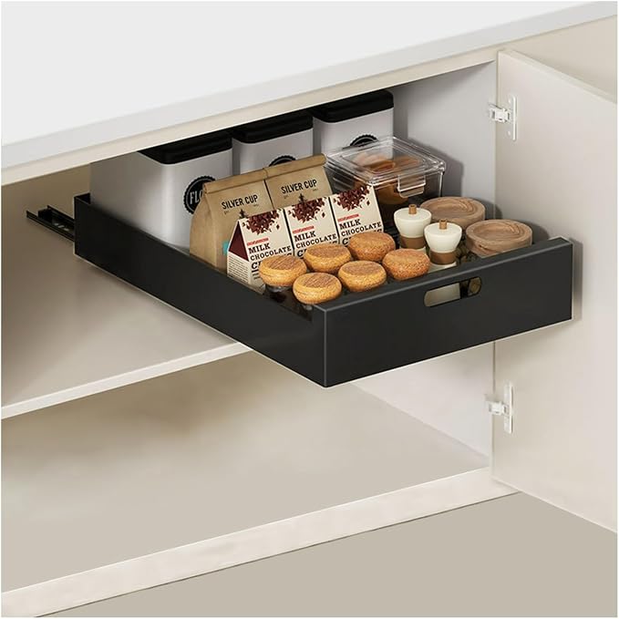 Pull Out Drawers for Cabinets 16.9"Deep, Slide Out Drawers for Kitchen Cabinets Adhesive Pull Out Cabinet Organizer, Cabinet Pull Out Shelves for Kitchen Bathroom and Pantry(Black,11.8"W)