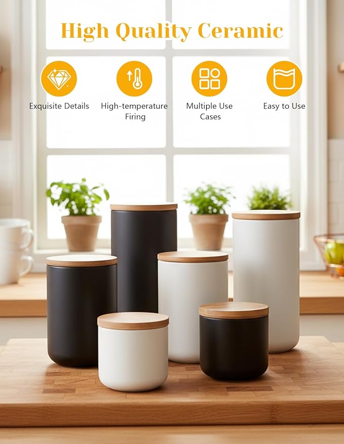 YYW Ceramics Food Storage Jar Canister with Airtight Seal Bamboo Lid, Simple Style Kitchen Canister for Food Storage, Store Coffee, Sugar, Tea, Spices and More (Black (33.81oz/1000ml))