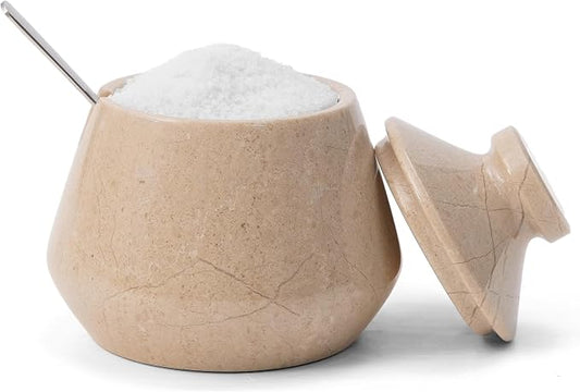 Marble Salt Cellar with Lid 3 Inches Beige Salt Keeper Salt Box, Seasoning Container & Spice Jar with Spoon, Stone Salt Holder for Countertop, Ideal Gift for Home & Kitchen Decor