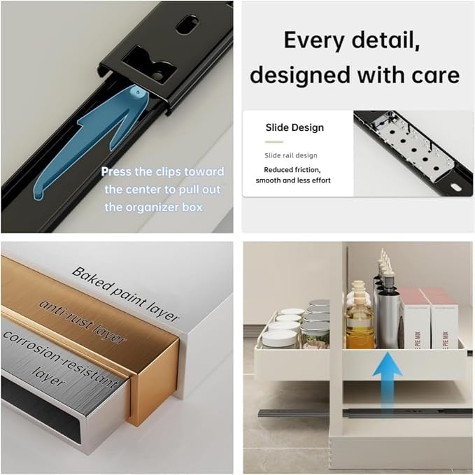 25cm Wide Heavy Duty Pull-Out Cabinet Organizer – Soft-Close Slide-Out Drawer, No-Drill Ultra Adhesive, Steel Storage Shelf for Kitchen, Pantry or Bathroom, Noiseless Sliding