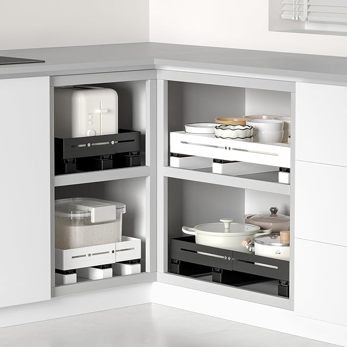Pull Out Cabinet Organizer With Raising Pad for Framed Cabinets,Adjustable Depth(12.8"-17.5") And Width(14.8"-20.5"),Slide Out Drawers,No Drill Design,Heavy Duty Storing,Black