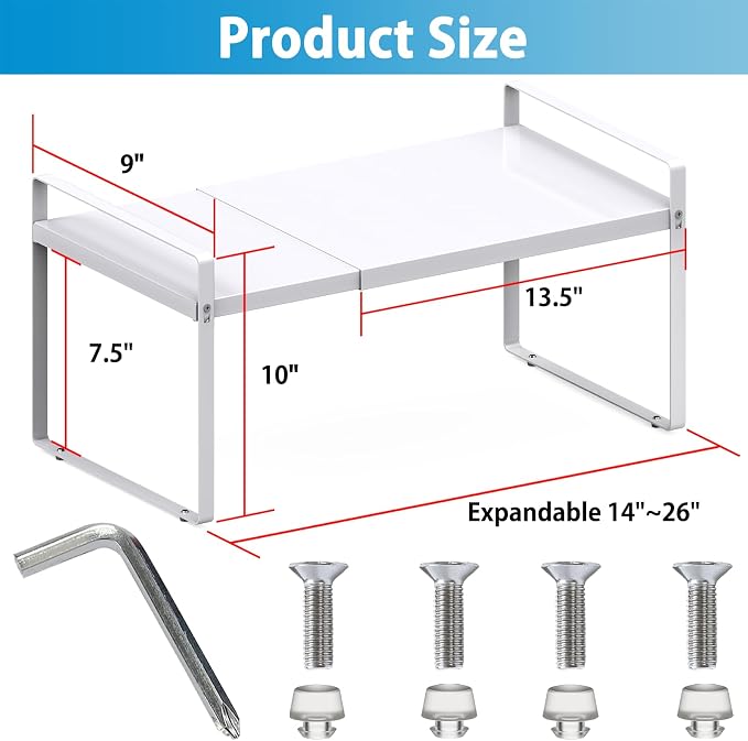 Yuleimy 9" Deep Expandable Cabinet Shelf Organizer, 14" to 26" Adjustable Metal Countertop Riser for Under Sink and Kitchen Cupboard Storage, Heavy Duty 55 Lbs Anti-Sag Central Rod, White, 1-Pack