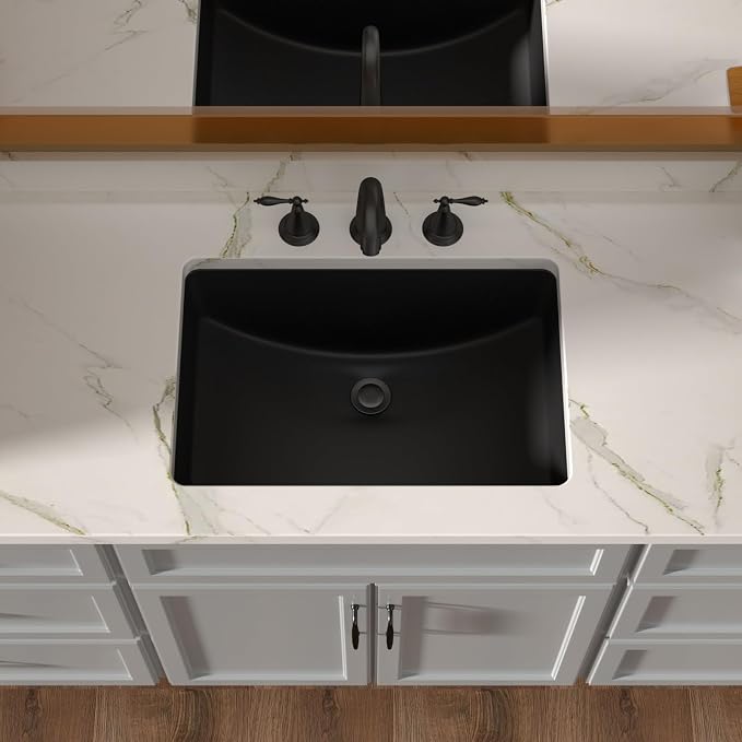 Lordear Undermount Black Bathroom Sink 21x15 Inch Bathroom Vanity Sinks Undermount Rectangle Black Porcelain Ceramic Bathroom Under Counter Lavatory Vanity Sink Basin with Overflow