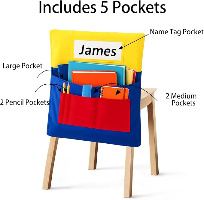 25 PCS Chair Pockets for Classroom Chairs, 15"W x 19"H Seat Sacks with 5 Pockets, Durable 600D Oxford Student Chair Bag Organizer with Name Tag Slot for K-5 Kindergarten School, Colorful
