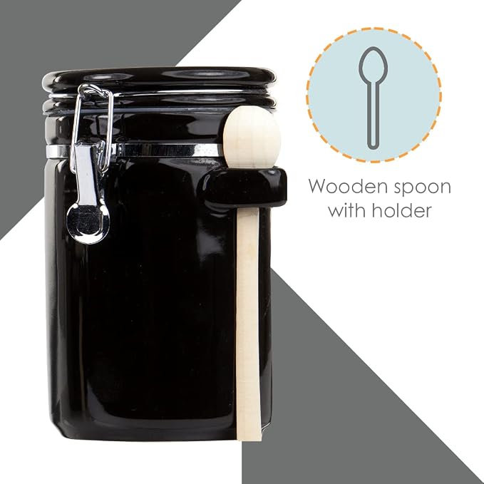 Canister Sets For The Kitchen (4 Piece Set) Black, High Gloss Ceramic By Home Basics Decorative Kitchen Set With Wooden Spoons, Countertop Set For Flour, Sugar, Coffee, and Snacks