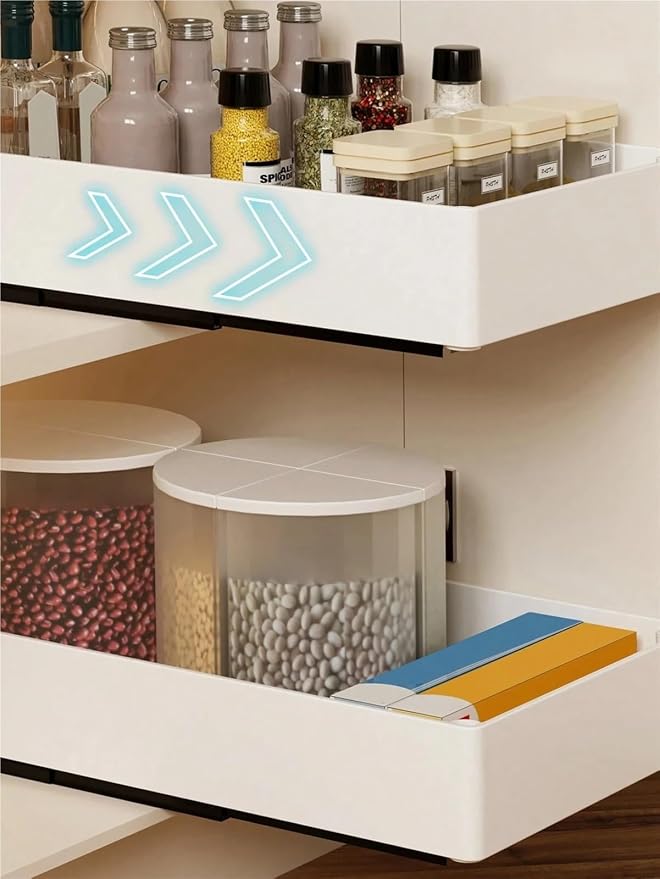 Pull-out cabinet organizer expandable with nano film adhesive, pull-out drawer suitable for kitchen, pantry or bathroom cabinets