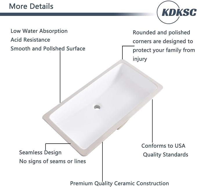 32 Inch Undermount Bathroom Sink White Ceramic Rectangular Under Counter Bathroom Sink for Cabinet Porcelain Vanity Sinks,Overflow Type (31.9"x16.5")