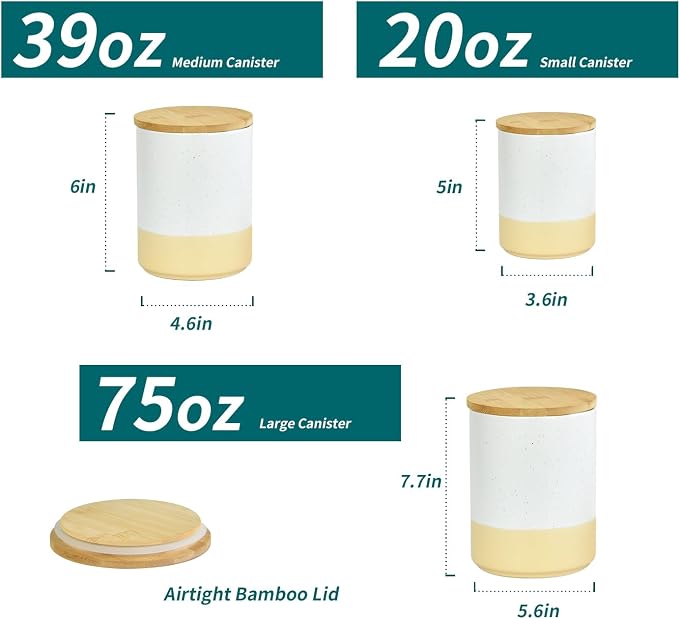 Food Storage Jars with Airtight Wood Lids,3-Pack Ceramic Canister Set for Flour Cereal Sugar Tea Coffee Beans Snacks– Modern Container Kitchen Pantry Storage Jar(White)