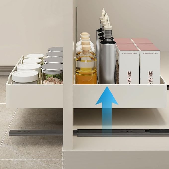 Pull Out Cabinet No Drill No Screw Sliding Storage Solution for Kitchen & Bathroom Cabinets White 43x40x7cm Space Saving Drawer，White 43 * 25 * 7cm