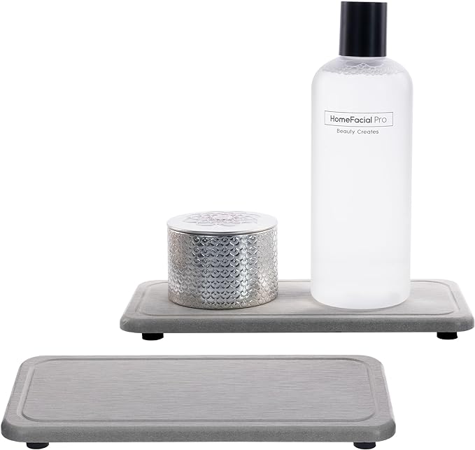NiuYichee 2 Pcs Water Absorbing Stone Trays, Kitchen/Bathroom Sink Soap Dish, Diatomite Tray Used for Hand Soap & Cosmetic Bottles in The Modern Home, 4" W x 8.3" L, Gray