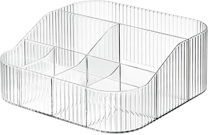 DASITON Large Capacity Makeup Brush Holder,8 Slot Makeup Brush Cup,Vintage striped Make Up Brush Holder,for Vanity Decor,Bathroom Countertops,Desk Storage Container,Cosmetic Display cases(Clear-XL)