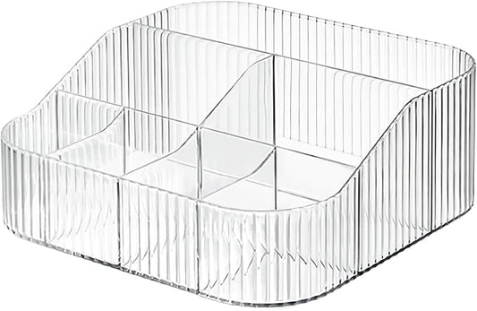 DASITON Large Capacity Makeup Brush Holder,8 Slot Makeup Brush Cup,Vintage striped Make Up Brush Holder,for Vanity Decor,Bathroom Countertops,Desk Storage Container,Cosmetic Display cases(Clear-XL)