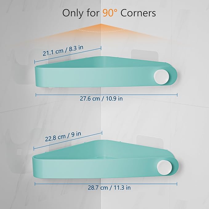 Sotfamily Plastic Shower Caddy Corner (for 90° Only), 2 Pack Adhesive Corner Shower Shelves for Bathroom Organizers and Storage, Turquoise