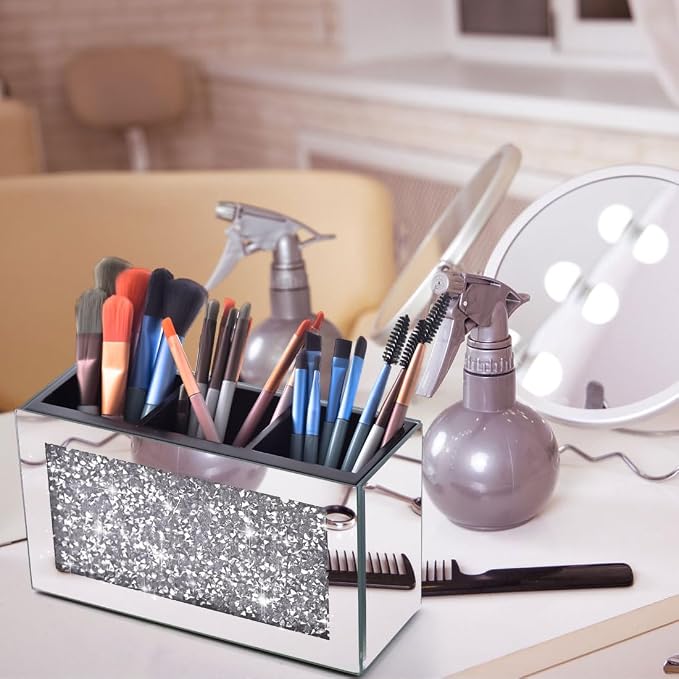 Crystal Crushed Diamond Silver Makeup Brush Holder Organizer, 3 Slot Mirrored Cosmetics Brushes Storage Case, Cute Pen and Pencil Glass Holder, Eyeliners Display Case