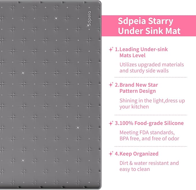 Sdpeia Under Sink Mat 31"×22" Waterproof Silicone Cabinet Liner & Sink Protector for Kitchen & Bathroom, Multi-Purpose Organizers Tray for Pets, Laundry, Cat Litter Mat,Gray