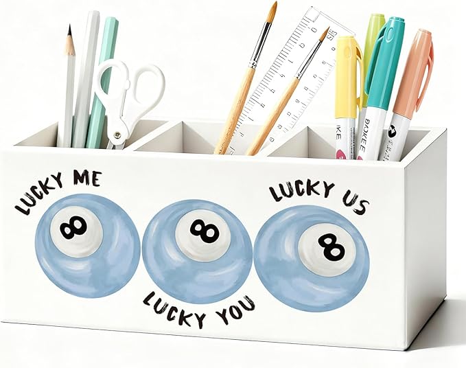Trendy Preppy Light Blue Pen Pencil Holder for Desk, Girly Office Decor, Retro Lucky 8 Ball Wooden Box Sign Decorations for Girly Room Bedroom Dorm Office Desk Tabletop